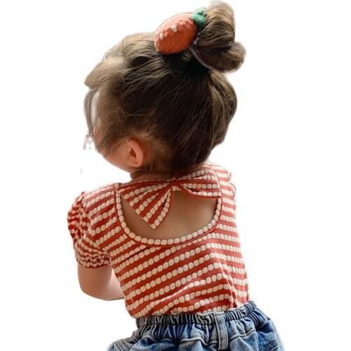 Black/Red Korean Style Baby Girls Striped T Shirts 2021 Summer New Backless Puff Sleeve Tops Toddler Kids Tees Child Clothes 2-8
