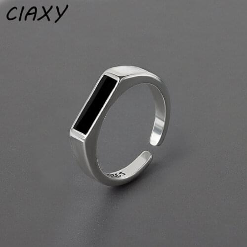 CIAXY 925 Sterling Silver Geometric Black Rectangular Rings for Unisex Personality Adjustable Ring Fashion Simple Jewelry
