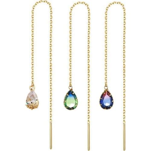 Stainless Steel Colorful Zircon Water Drop Long Chain Earrings for Women Girls Linear Crystal Threader Earrings Jewelry