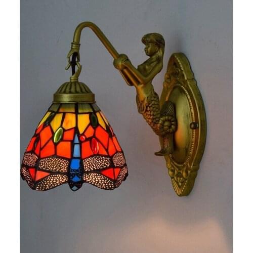 European style retro Tiffany colored glass living room dining room bedroom bar club corridor Red Dragonfly wall lamp