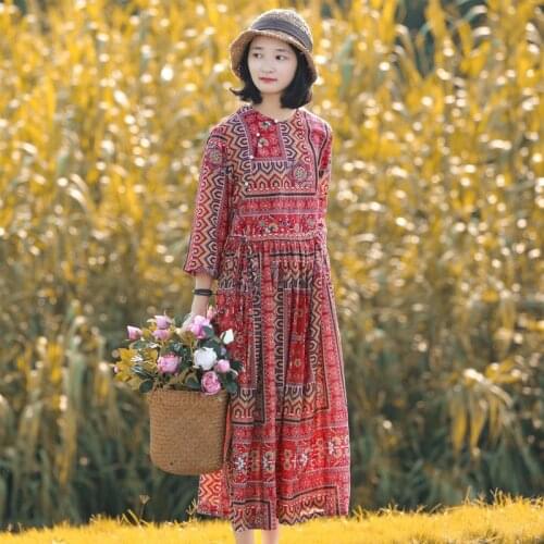 Johnature Spring Leisure Retro O-neck Button Fashion Floral Print Dresses 2021 New Comfortable Three Quarter Sleeve Women Dress