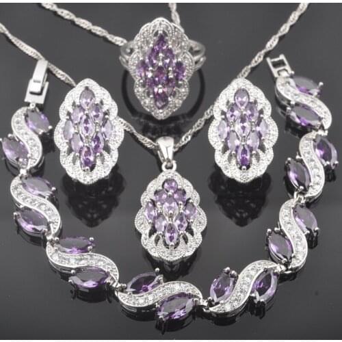 Luxury Silver Color Jewelry Sets For Women Wedding Jewelry Purple Crystal Bracelets Rings Necklace and Earrings Sets QS0506