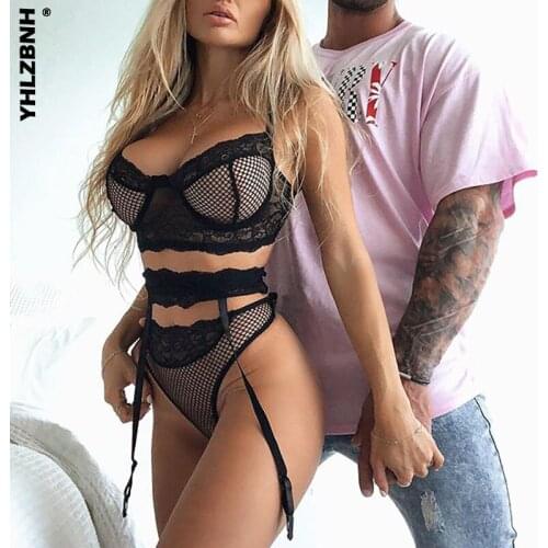 YHLZBNH Womens Erotic Lingerie Set Sexy Lace Net Mesh Bra And Panty Garter Belt Embroidered 3 piece Suit Underwear Sleepwear