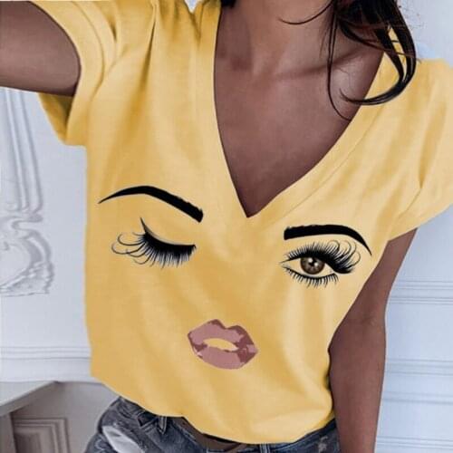 Fashion Women Causal T Shirt Summer Short Sleeve Eye Lip Printed Tee Shirt V Neck Cute Funny Tops Pullover