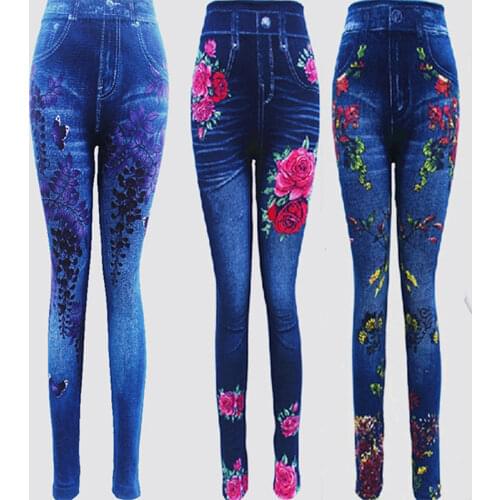 Fashion Slim Women Leggings Faux Denim Jeans Leggings Sexy Hole Heart Printing Casual Women Clothing Pencil Pants Plus size