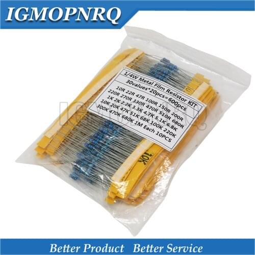 600pcs/set 30 Kinds 1/4W Resistance 1% Metal Film Resistor Pack Assorted Kit 1K 10K 100K 220ohm 1M Resistors 300pcs/set NEW