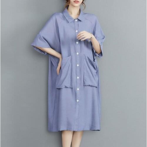 2021 Summer New Linen Shirt Dress Oversize Cotton Big Pocket Long Dress Female Robe Korean One-Piece Large Size WomenS Clothing