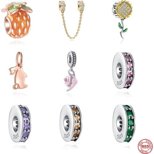 New Pineapple Rabbit Teapot Gold Safety Clip Chain DIY fine beads Fit Original Pandora Charms Silver 925 Bracelet Jewelry F069