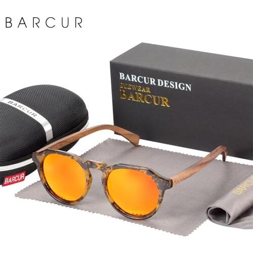 BARCUR Design Walnut Wood Temple Polarized Retro Brand Women Sunglasses Round Frame Men Glasses UV400 Protection