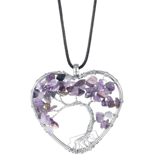 JOYA Natural Healing Crystals Quartz Tree of Life Necklace 7 Chakras Stone Pendant Mothers/Fathers Day Women Men 60CM Leather