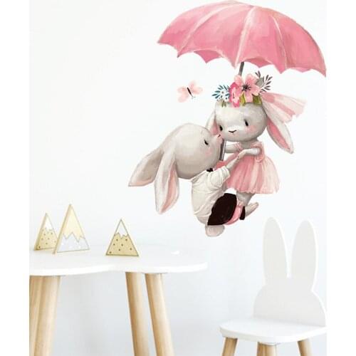 Couple Bunny Under Umbrella Wall sticker kids room home decoration wallpaper living room bedroom removable mural rabbit stickers