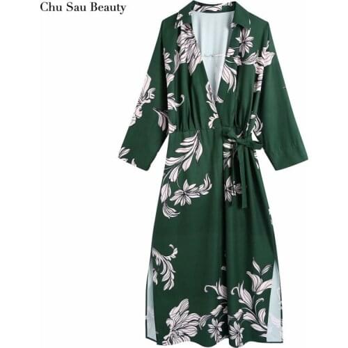 Chu Sau Beauty Womens Floral Sarong Style Simple Style Dress Fashion Lapel Deep V-Neck Long-Sleeved Asymmetric Mid-Length Dress