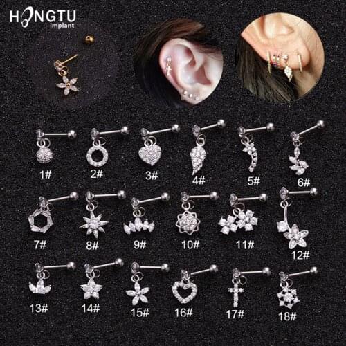 1PC Zircon Ear Stud Stainless Steel Heart Daith Piercing Fashion Gold Silver Color Cartilage Earrings for Women Body Jewelry 20G