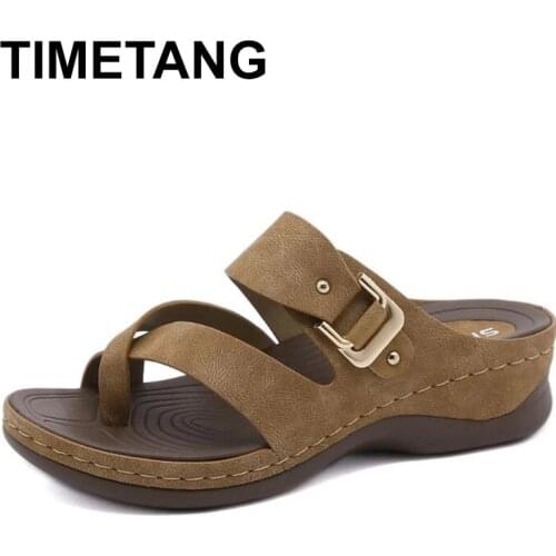 TIMETANGSummer Women Premium Orthopedic Open Toe Slippers Vintage Anti-slip Breathable Leather Casual Female Platform Retro Shoe