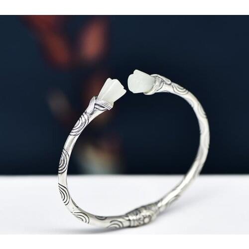 Hetian Jade Silver Bracelet Female S925 Sterling Silver Vintage Silver Jewelry National Style Hand Jewelry Solid Elastic Open
