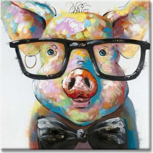 Modern Animal Oil Paintings Cute Pig With Glasses Hand Painted Canvas Paintings Wall Picture For Living Room Cuadros Decoracion