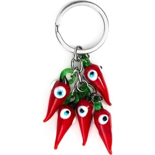 Fashionable Keychain Red Small Pepper Shape Keychain with Blue Evil Eye Charming House Keyring for Housewarming Gift