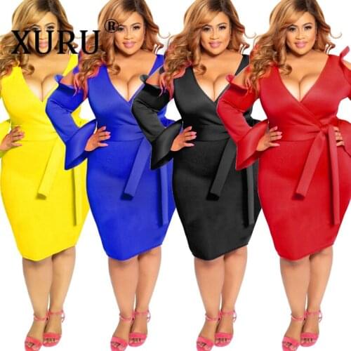 XURU Autumn New Fat Mom Large Size Dress Ruffled Long Sleeve Sexy V-neck Dress D Black Red Yellow Blue Dress XL-5XL