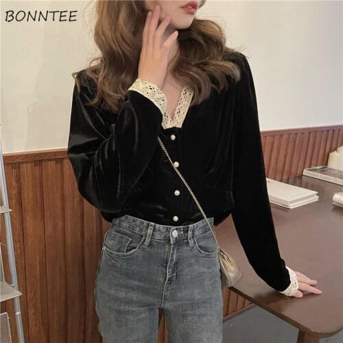Shirts Women Lace Spring Elegant Mujer De Moda Ulzzang Patchwork V-neck Cozy BF Long Sleeve Korean Style Sweet Fashion Ropa Crop