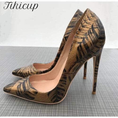 Tikicup Women Pattern Printed Gold Patent Pointed Toe High Heels Plus Size 34-45 Sexy Ladies Chic Stiletto Pumps Fashion Shoes