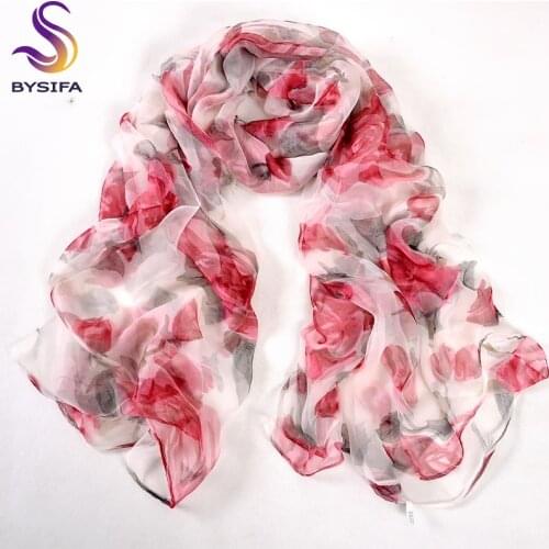 [BYSIFA] Red Roses Silk Scarf Ladies Fashion 100% Pure Silk Long Scarves Spring Autumn Thin Transparent Sexy Satin Silk Scarf
