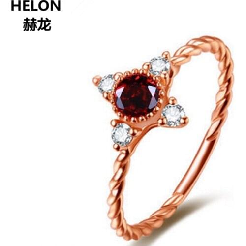 3mm Round Garnet Solid 14k Rose Gold Natural Diamonds Engagement Wedding Ring for Women Anniversary Party Classic Fine Jewelry