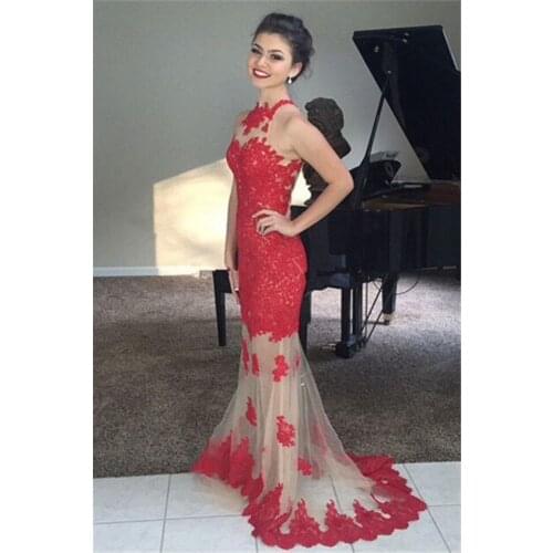 High Neck Red Mermaid 2018 See Through Lace Appliques Long Sleeveless robe de soiree party prom gown bridesmaid dresses
