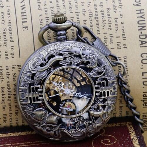 5pcs Retro Hollow Carving Mechanical Pocket Watch For Mens Women Steel Steampunk Unique FOB Chain Pocket Watches Gifts Box