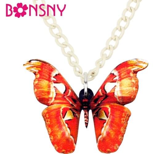 Bonsny Acrylic Unique Orange Butterfly Necklace Pendant Chain Collar Animal Insect Jewelry For Women Girls Teen Gift Accessories