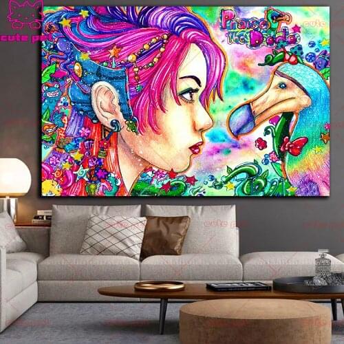 DIY Diamond Embroidery"Color hair girl parrot"5d Full Square Diamond Painting Cross Stitch round Drill Mosaic diamond picture