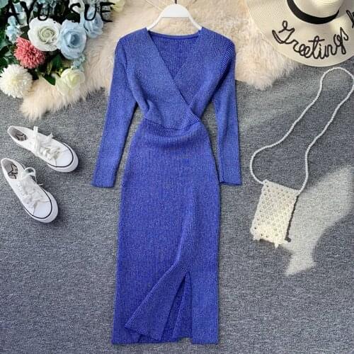 AYUNSUE Sweater Knitted Dress Women Elegant Korean Autumn Winter Dress Long Sleeve V Neck Midi Dress Sexy Vestidos Mujer KJ4239