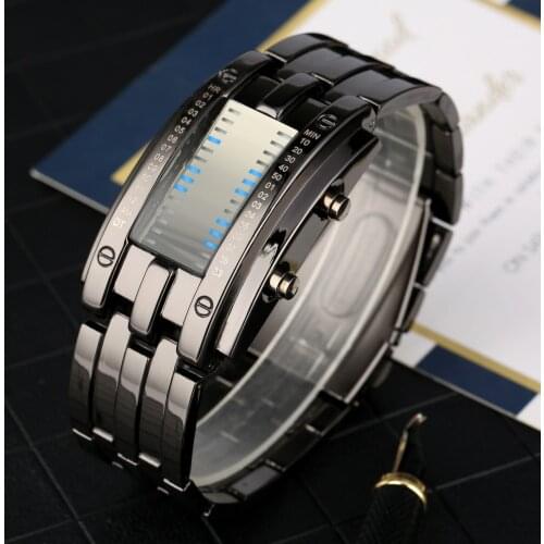 Explosions Double Row Lights Binary LED Electronic Watches Digital Clock Male Fashion Top Luxury Stainless Steel Band Wristwatch