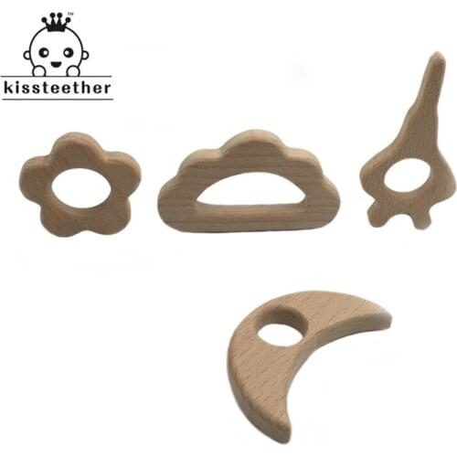 DIY Baby Teether Toys Organic Natural Beech Wooden Flower-Clouds-Tower-Moon Hand Cut Toy Baby Wooden Teether Gift