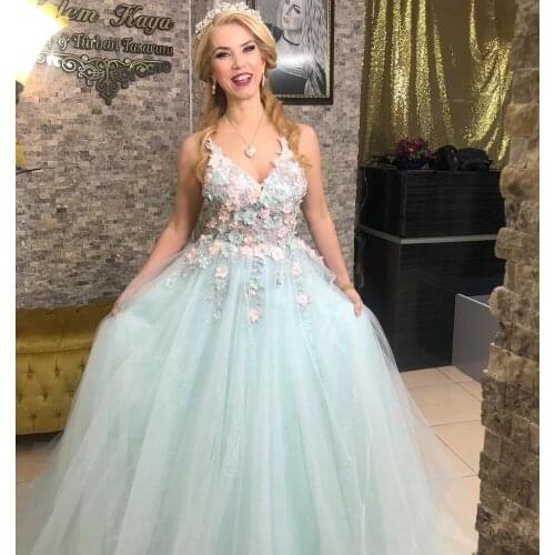 Mint Long Tulle Flowers Prom Dresses 2021 Spaghetti Straps V Neck Formal Evening Party Dress A Line Robe De Soiree