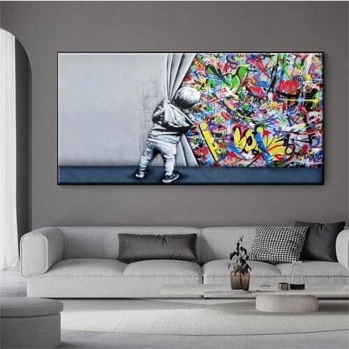 Home Decor Kids Lover Behind The Curtain Graffiti Art Painitngs on the Wall Art Posters and Prints Modern Street Art Pictures