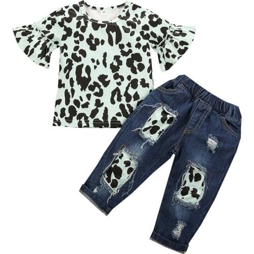 2 Pieces Kids Suit Set, Girls Leopard Print Round Neck Short Sleeve Pullover+ Ripped Jeans for Summer, Pink/Green