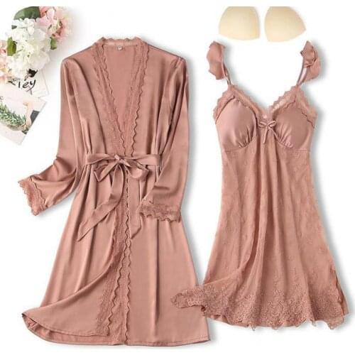 2021 New 2PCS Nighty&Robe Suit Women Satin Sleepwear Casual Kimono Bathrobe Gown Sexy Intimate Lingerie Silky Loose Home Clothes