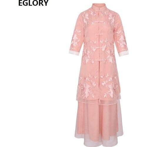 Plus size Clothing 2021 Spring Fashion Pant Set Woman Luxurious Embroidery Long Tops Coat+Wide Leg Pant Suits & Sets 50s 60s