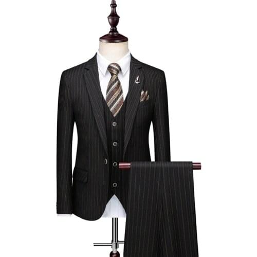 SOLOVEDRESS Black Mens Suit 2-Piece Pinstriped Tuxedo Notched Lapel Slim Groom Wedding Office Meeting (Blazer + Pants)