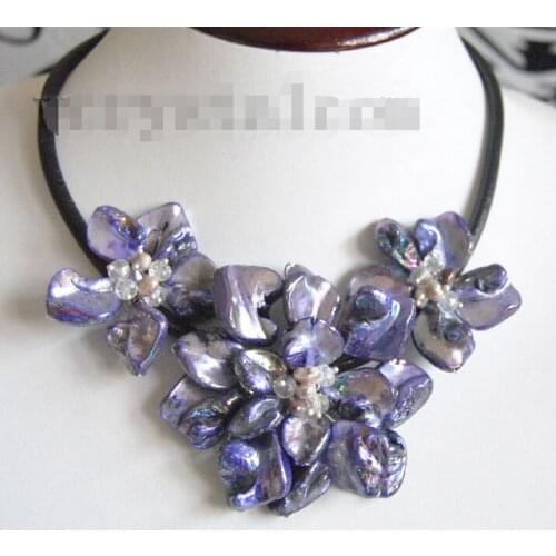 Hot sell Noble- FREE SHIPPING>>>@@ Baroque purple shell pearl bead MOP three flower necklace@^Noble style Natural Fine jewe S