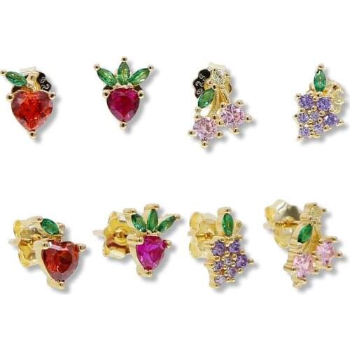 Lovely Fruit Piercing Earrings Jewelry 925 Sterling Silver Cute Small Fruit Design Cherry Grape Apple Strawberry Stud Earrings