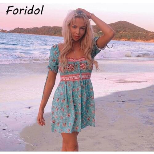 Foridol Puff Sleeve Boho Mini Beach Summer Dress Australia Floral Print Short Dress Robe 2021 New Pink Vintage Dress 2021