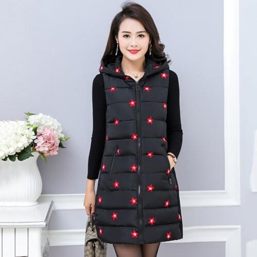 2021 New Womens Winter Sleeveless Down Cotton Vest Female Slim Warm Hooded Embroidery All-match Solid Long Waistcoat
