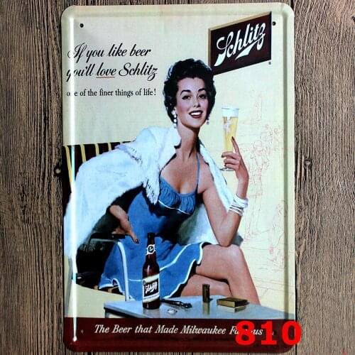 Original Retro Design Beauty and Beer Tin Metal Signs Wall Art|Thick Tinplate Print pPoster Wall Decoration