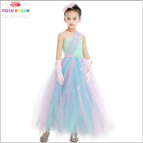 POSH DREAM Aqua Pink Flower Girls Dresses Tulle Shoulder Flower Baby Girls Tutu Dresses for Wedding Party Birthday Kids Clothes