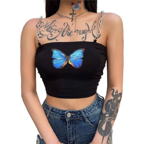 Sexy Women Fashion Butterflies Tank Summer Chain Sling Type Casual Tank Crop Tops Vest Sleeveless Short Tee Shirt Streetwear S-L