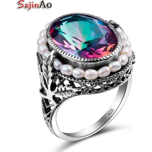 Szjinao Rose Pearl Jewelry Mystic Rainbow Topaz Famous Brand Women Ring Vintage Silver 925 Jewelry Christmas Gift Bijoux