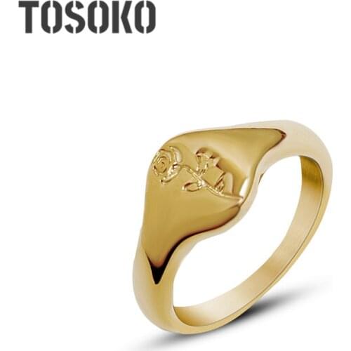 TOSOKO Stainless Steel Jewelry Rose Carving Flower Ring Female Elegant Index Finger Ring BSA218