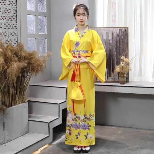 New Japanese Traditional Kimono Women Yellow Long Yukata Female Cosplay Stage Performance Costume Folk Dance Clothes DQL1413