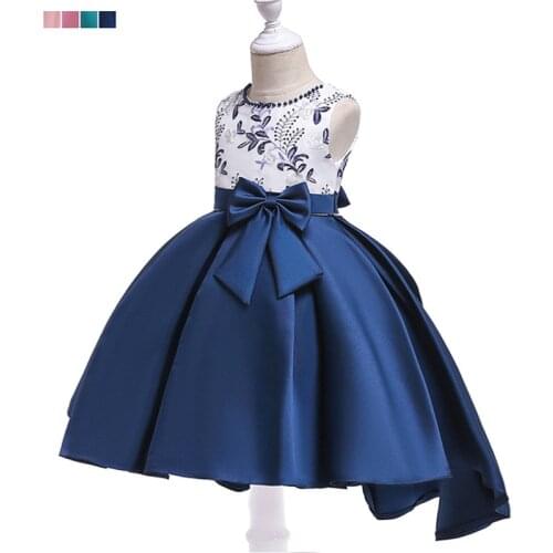 Evening Dress Girls Sleeveless Bow Hand-beaded Embroidery Asymmetrical Trail Princess Dress For Wedding Party Cocktail dress 12T